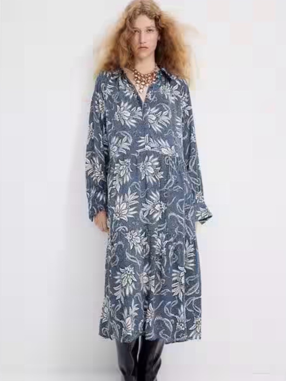 Blue Patterned Midi Shirt Dress